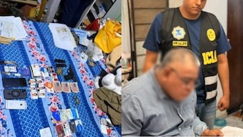 Fotografía compuesta por objetos incautados sobre una cama y un agente policial junto a un hombre que lee un documento