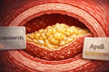 Ilustración de una arteria humana con una placa de aterosclerosis. Incluye etiquetas desenfocadas que dicen 'Colesterol LDL' y 'ApoB'.
