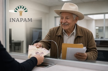 Un hombre con sombrero recibe billetes de banco a través de una ventanilla de cristal con el logotipo de INAPAM.