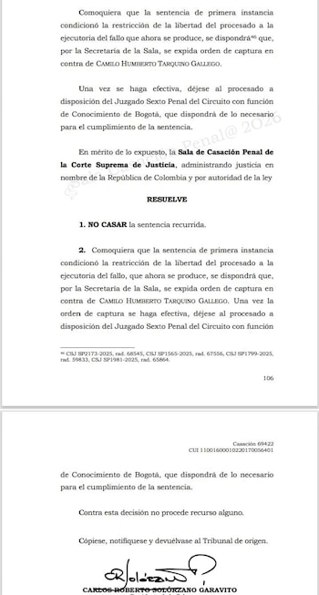 Fallo contra Camilo Tarquino - crédito Suministrado