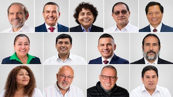 Collage con trece retratos fotográficos individuales de hombres y mujeres sobre un fondo de color gris claro