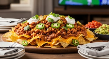 Plato grande de nachos con queso, carne, frijoles, jalapeños, crema agria, cilantro. Cuencos con salsa y guacamole. Platos y cubiertos.