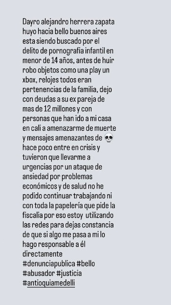 Es5te sería un fragmento de la denuncia publicada por la madre de la víctima - crédito @ColombiaOscura / X