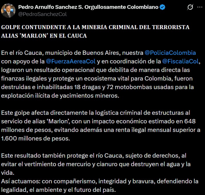 Autoridades destacan la importancia de defender la legalidad y el medio ambiente en la región. - crédito @PedroSanchezCol/X