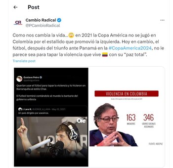 Cambio Radical recordó viejo mensaje del presidente Petro de la Copa América - crédito @PCambioRadical