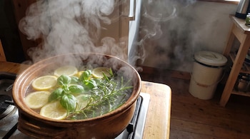 Olla de barro con vapor, rodajas de limón, hojas de albahaca y ramas de romero hirviendo sobre una estufa en una cocina