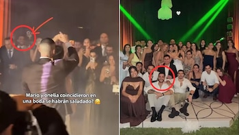 Dos fotografías de un evento social. Izquierda: hombre bailando entre gente, con un círculo rojo. Derecha: grupo de personas posando, dos hombres centrales con círculo rojo