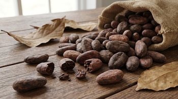 Granos de cacao crudos de color marrón oscuro y rojizo, algunos enteros y otros partidos, esparcidos desde un saco de arpillera sobre una mesa de madera con hojas secas.