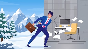 Ilustración de un hombre en traje y con maletín que transita de un paisaje de montañas nevadas a una oficina con escritorio, monitor y papeles.