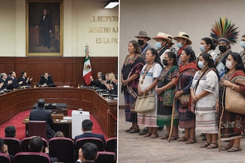 Pleno de la Suprema Corte de Justicia de la Nación con ministros y público. Grupo de personas con vestimenta indígena y algunos con mascarillas.