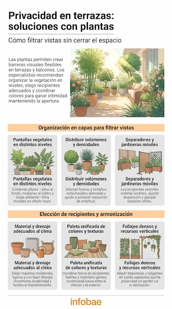 Infografía con ilustraciones de terrazas decoradas con macetas, jardineras y paneles de madera ordenados en distintos niveles.