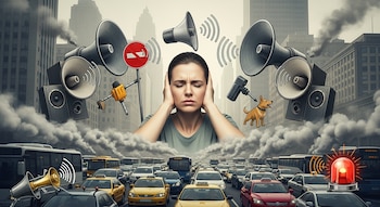 Primer plano de una mujer cubriéndose los oídos, rodeada de megáfonos, altavoces, herramientas ruidosas y un perro, con un atasco de tráfico y humo de fondo en una ciudad.