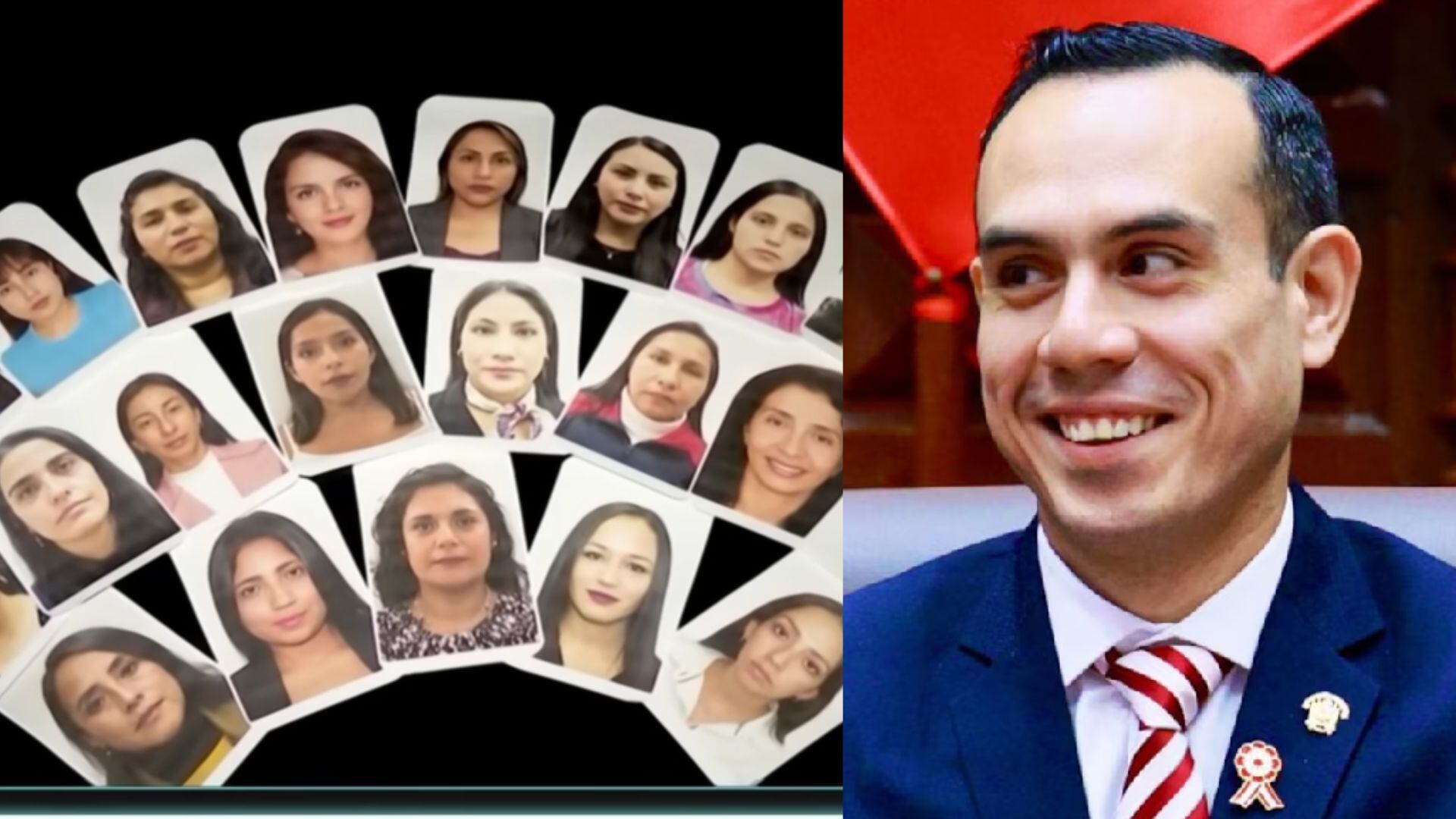 José Jerí, identificado como Presidente de Perú, sonríe a la derecha, contrastando con una colección de fotos de varias mujeres que trabajan con él en Palacio de Gobierno (Imagen Ilustrativa Infobae)