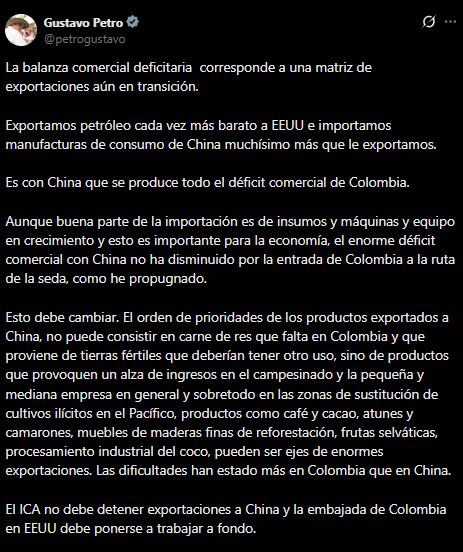 El presidente Gustavo Petro atribuyó el déficit comercial a una matriz exportadora en transición y al peso de los intercambios con China y Estados Unidos - crédito @PetroGustavo/X