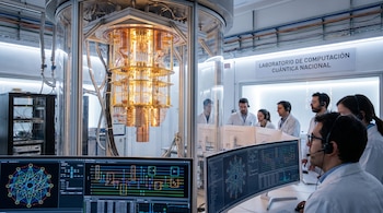 Un computador cuántico brillante en una vitrina de cristal. Cinco científicos con batas blancas y auriculares observan pantallas de ordenador en un laboratorio.