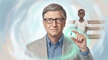 Ilustración digital de Bill Gates con cabello gris y gafas, sosteniendo una pastilla biomédica translúcida. Al fondo, un niño de piel oscura sentado.