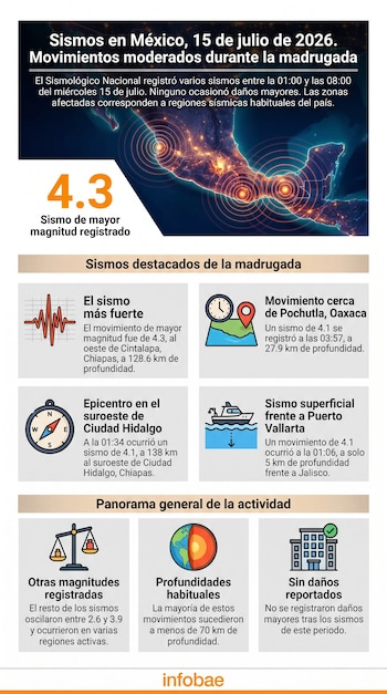 Infografía de Infobae con mapa de México iluminado de noche, mostrando epicentros sísmicos con círculos rojos y texto sobre sismos y magnitudes.