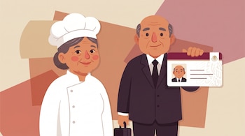 Ilustración de una mujer chef y un hombre con traje, sosteniendo una credencial de identificación oficial mexicana con su foto, sobre un fondo geométrico.
