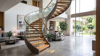 Escalera curva de madera y vidrio, sofás grises, plantas de interior y ventanales que dan a un patio con césped y árboles.