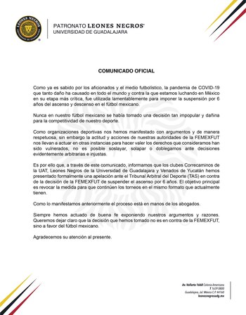 Comunicado de Leones Negros (Foto: