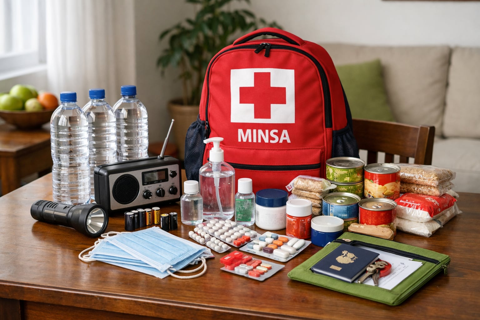 Un completo kit de emergencia sobre una mesa de madera muestra los elementos esenciales para la preparación ante desastres en un hogar peruano, con respaldo del MINSA. (Imagen Ilustrativa Infobae)