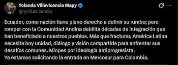 La canciller Rosa Villavicencio confirmó que iniciará con los trámites necesarios para que Colombia sea admitida en Mercosur - crédito @ryvillavicencio/X