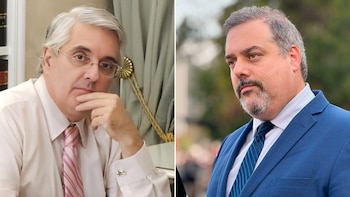 Composición de dos retratos: un hombre de cabello gris y gafas con camisa rosada a la izquierda, y un hombre con barba y traje azul a la derecha