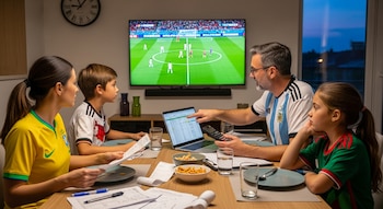 Familia de cuatro con camisetas de fútbol (Argentina, Brasil, Alemania, México) en comedor. TV con partido de fútbol. Un portátil y papeles sobre la mesa.