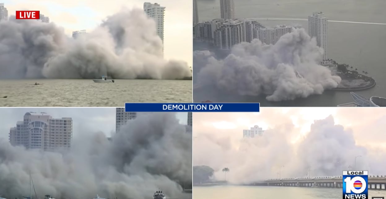La implosión fue transmitida en directo y generó imágenes virales y espectaculares en redes sociales y medios locales de Miami ( WPLG Local 10)