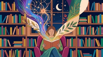 Una mujer está sentada en un sillón con un libro abierto frente a estanterías repletas de libros y una ventana con luna creciente.