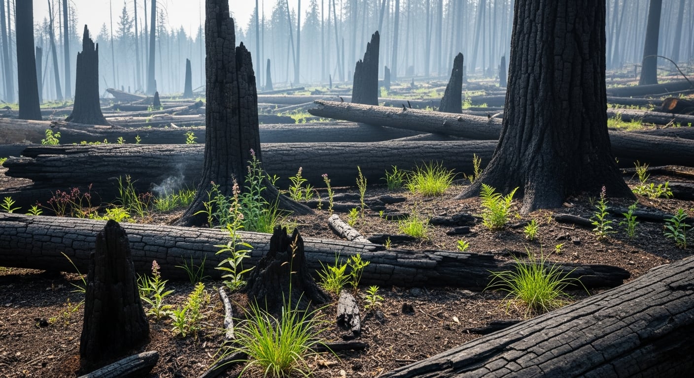 Troncos quemados tras un incendio: la madera muerta aporta nutrientes y refugio y puede facilitar la recolonización de plantas, hongos e insectos - (Imagen Ilustrativa Infobae)