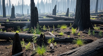 Un paisaje forestal muestra troncos de árboles carbonizados y árboles quemados en pie, con pequeños brotes verdes de plantas creciendo en el suelo.