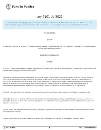 La reducción de la jornada laboral en Colombia comenzó con la expedición de la Ley 2101 de 2021. La primera fue el 5 de julio de 2023, cuando pasó de 48 a 47 horas semanales - crédito Función Pública