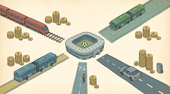 Ilustración mostrando rutas al Estadio Guadalajara: tren, buses (Mi Tren, Mi Macro, Mi Transporte), bici y coche, con pilas de MXN, USD y EUR indicando costos.