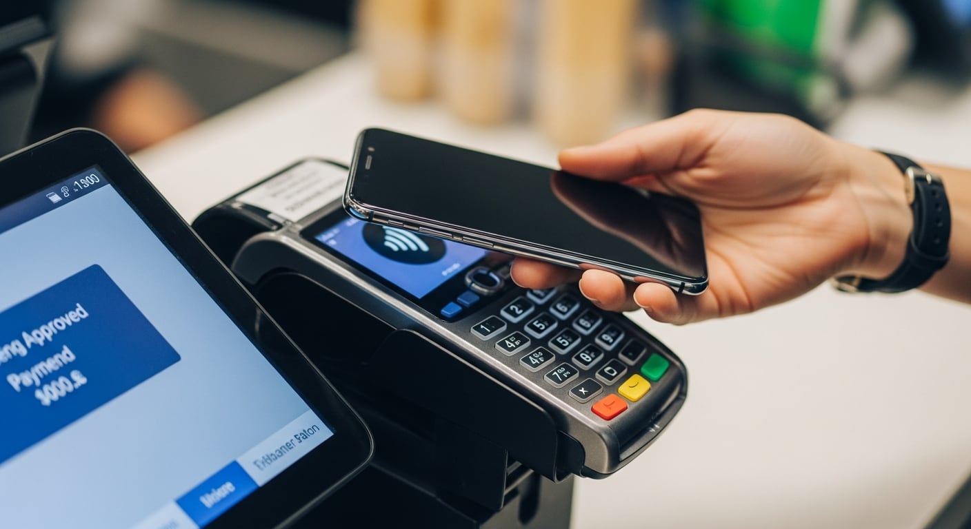 Una persona realiza un pago electrónico sin contacto utilizando su teléfono móvil en un terminal de punto de venta. (Imagen Ilustrativa Infobae)