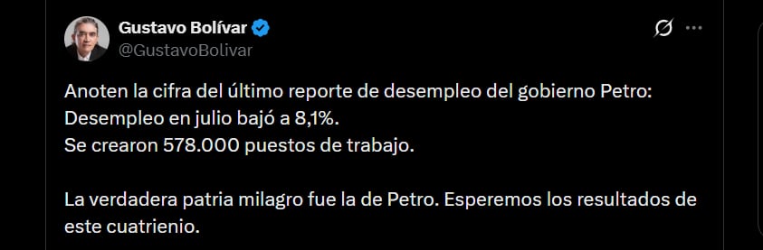 Gustavo Bolívar destacó la reducción del desempleo en Colombia y aseguró que la verdadera “patria milagro” fue la del expresidente Gustavo Petro - crédito @GustavoBolivar/X