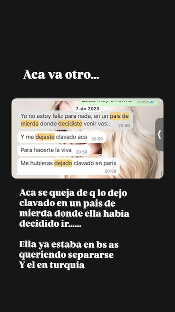 Captura de pantalla de un chat con mensajes de texto en español del 7 de abril de 2023, que incluye un rostro parcial de mujer rubia y texto explicativo