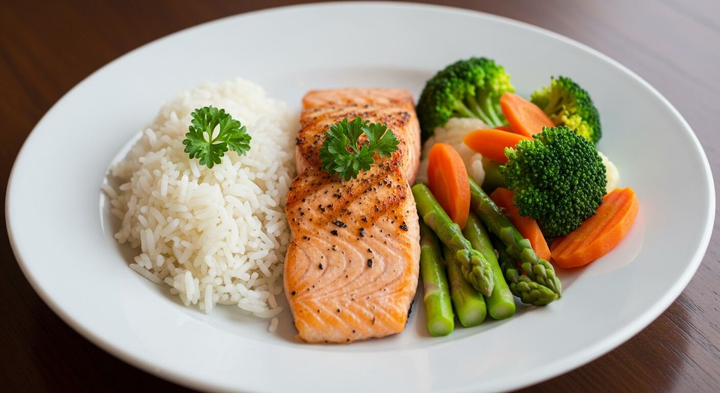 Salmón a la plancha, acompañado de arroz blanco y vegetales al vapor. (Imagen Ilustrativa Infobae)