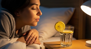 Una mujer con los ojos cerrados, de perfil, acostada en la cama. A su lado, en una mesita de noche, hay un vaso de agua con rodajas de limón.