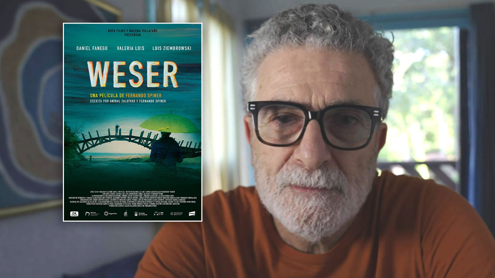 El director Fernando Spiner y un afiche de su película