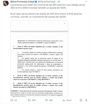 Maria Fernanda Cabal está en desacuerdo con proyecto de ley radicado en el congreso que incrementaría hasta en un 300% el IPU - crédito Maria Fernanda Cabal / X