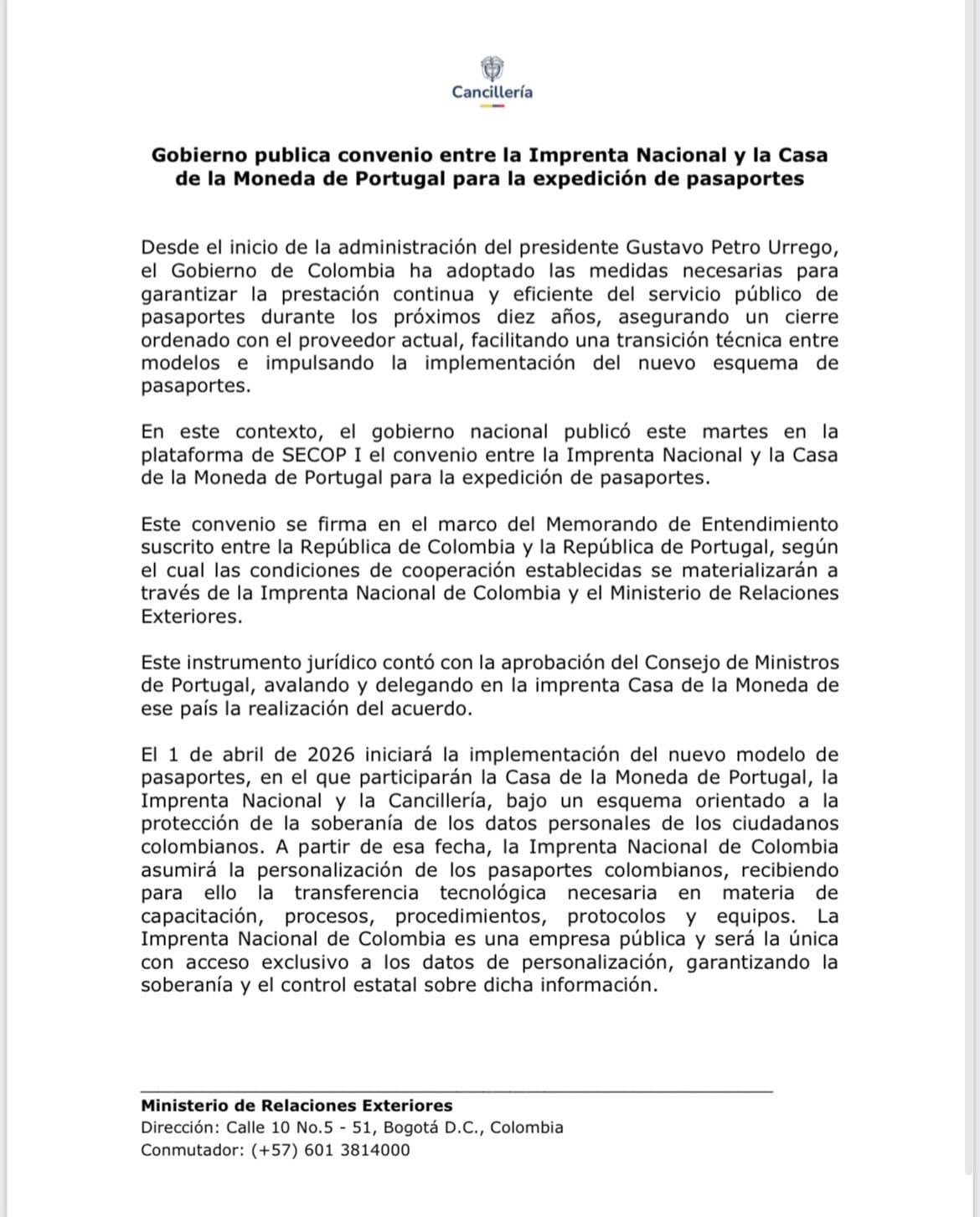 Imprenta Nacional de Colombia tendrá control exclusivo de datos personales en expedición de pasaportes - crédito Cancillería de Colombia