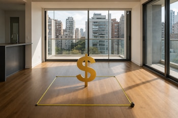 Un departamento vacío con piso de madera, ventanales con vista urbana, una cinta métrica en el suelo y un símbolo del dólar en el centro.