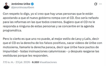 Uribe Moreno compartió el mensaje vía X la mañana del jueves 23 de julio de 2026 - crédito @jeronimoauribem/X