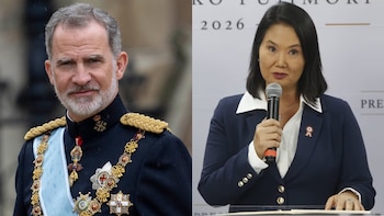 El rey Felipe VI de España con uniforme militar en el lado izquierdo; la política Keiko Fujimori con un micrófono en la mano en el lado derecho