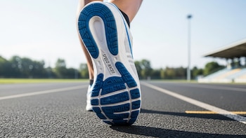 Vista trasera de un corredor en una pista, mostrando la suela azul y blanca de una zapatilla deportiva con la inscripción 'SPEED RACER'.