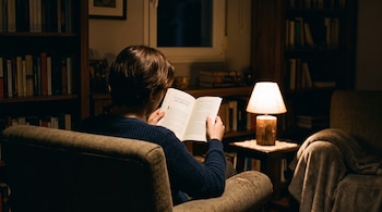 Vista posterior de una persona que lee un libro abierto sentada en un sillón, con una lámpara encendida y estanterías con libros de fondo.