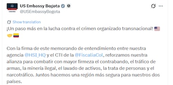 La Embajada señaló que el memorando refleja años de cooperación entre las autoridades colombianas y estadounidenses y reafirmó su compromiso de continuar trabajando con Colombia en materia de justicia, seguridad y Estado de derecho - crédito @USEmbassyBogota/X