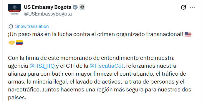 La Embajada señaló que el memorando refleja años de cooperación entre las autoridades colombianas y estadounidenses y reafirmó su compromiso de continuar trabajando con Colombia en materia de justicia, seguridad y Estado de derecho - crédito @USEmbassyBogota/X