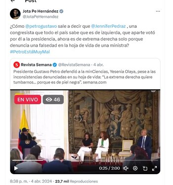 Jota Pe Hernández defiende a la representante Jennifer Pedraza - crédito @JotaPeHernandez